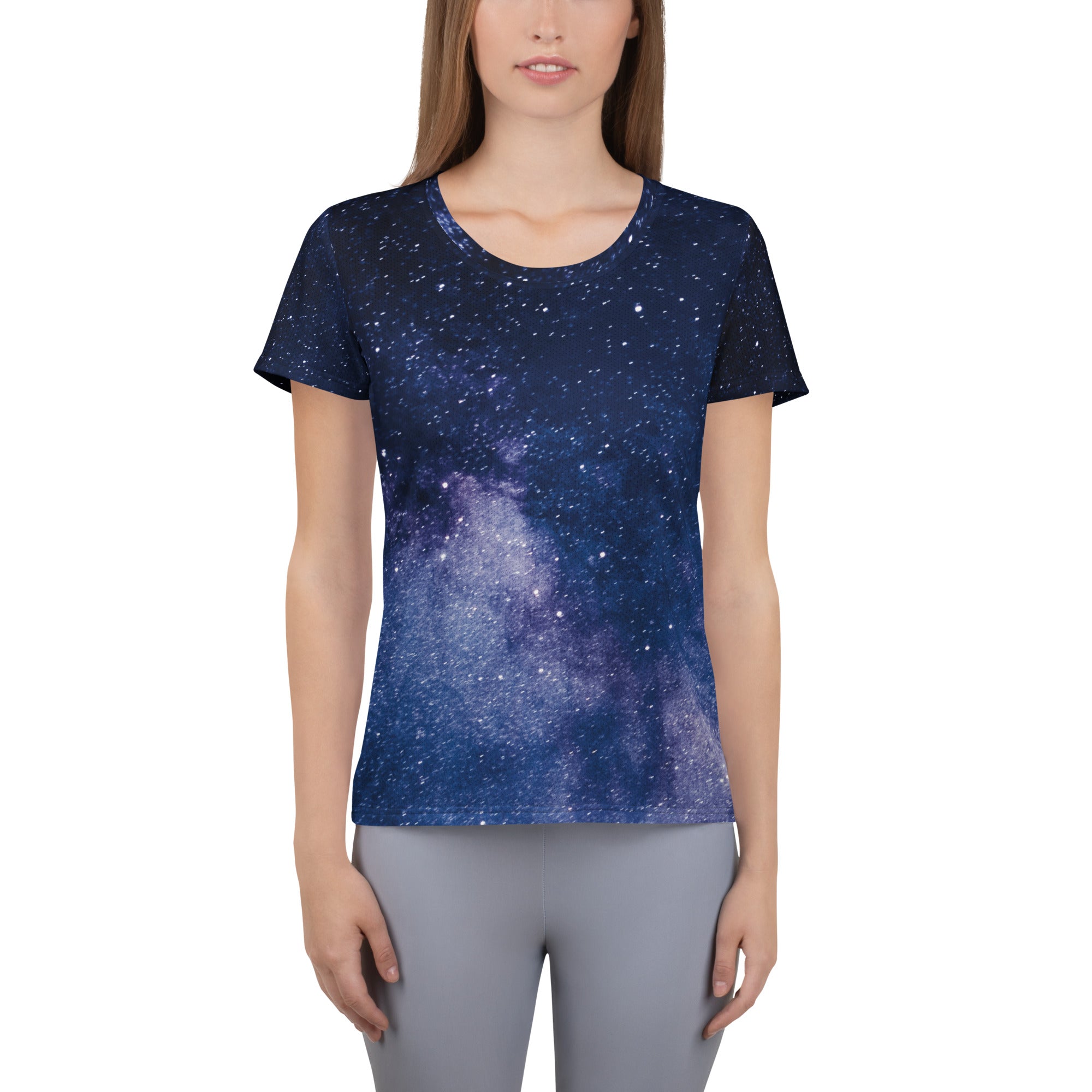 Women’s navy blue short-sleeved performance t-shirt with realistic purple and white galaxy print and upf 50 plus protection
