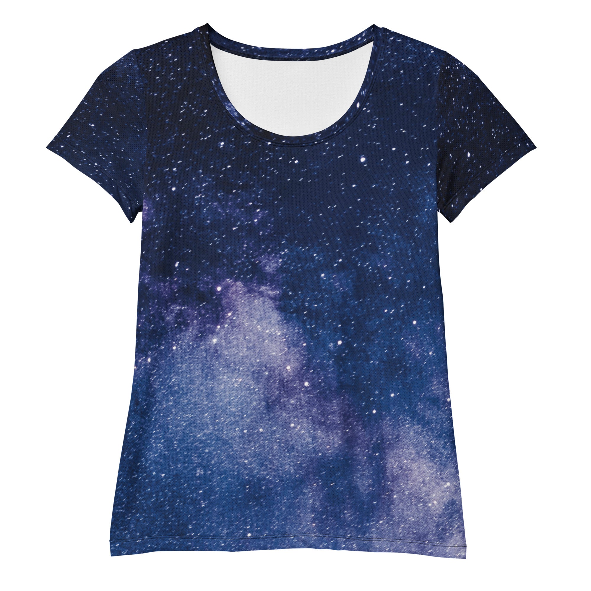 Women’s short-sleeved lightweight performance t-shirt with realistic milky way galaxy print in deep blues and purples