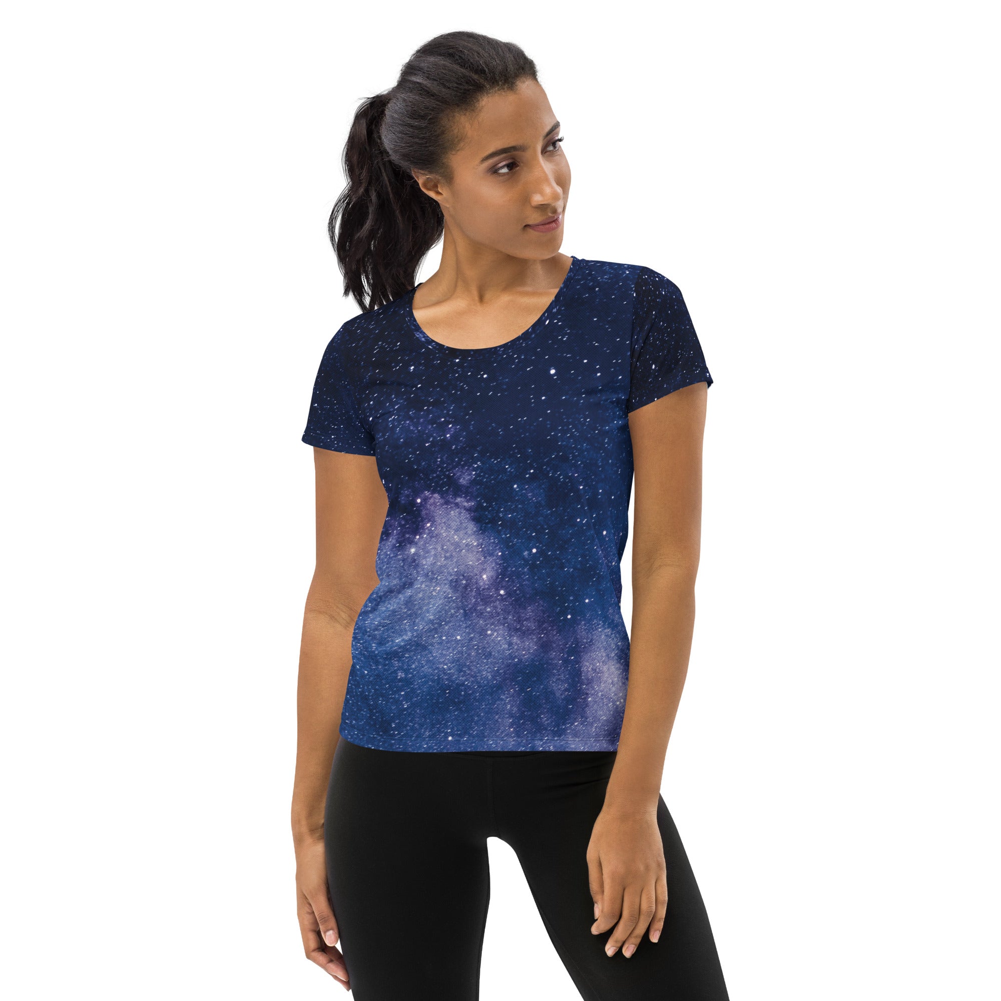 Women’s navy blue short-sleeved galaxy performance t-shirt with realistic purple and white stars, lightweight moisture wicking fabric