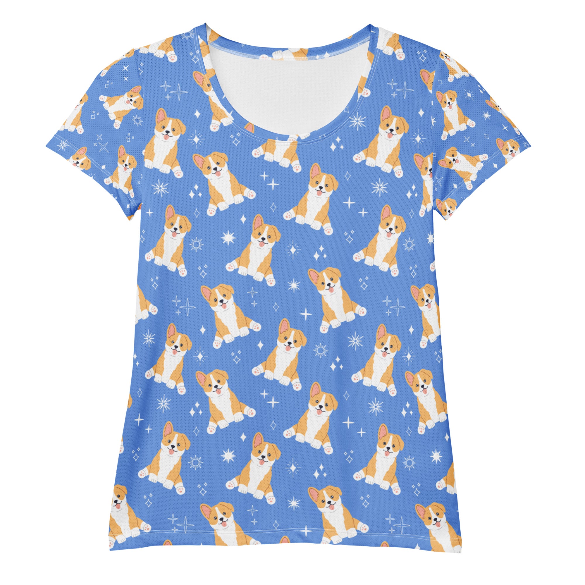 Women’s blue short-sleeved performance athletic t-shirt with playful tan and white corgi puppy print and moisture wicking fabric