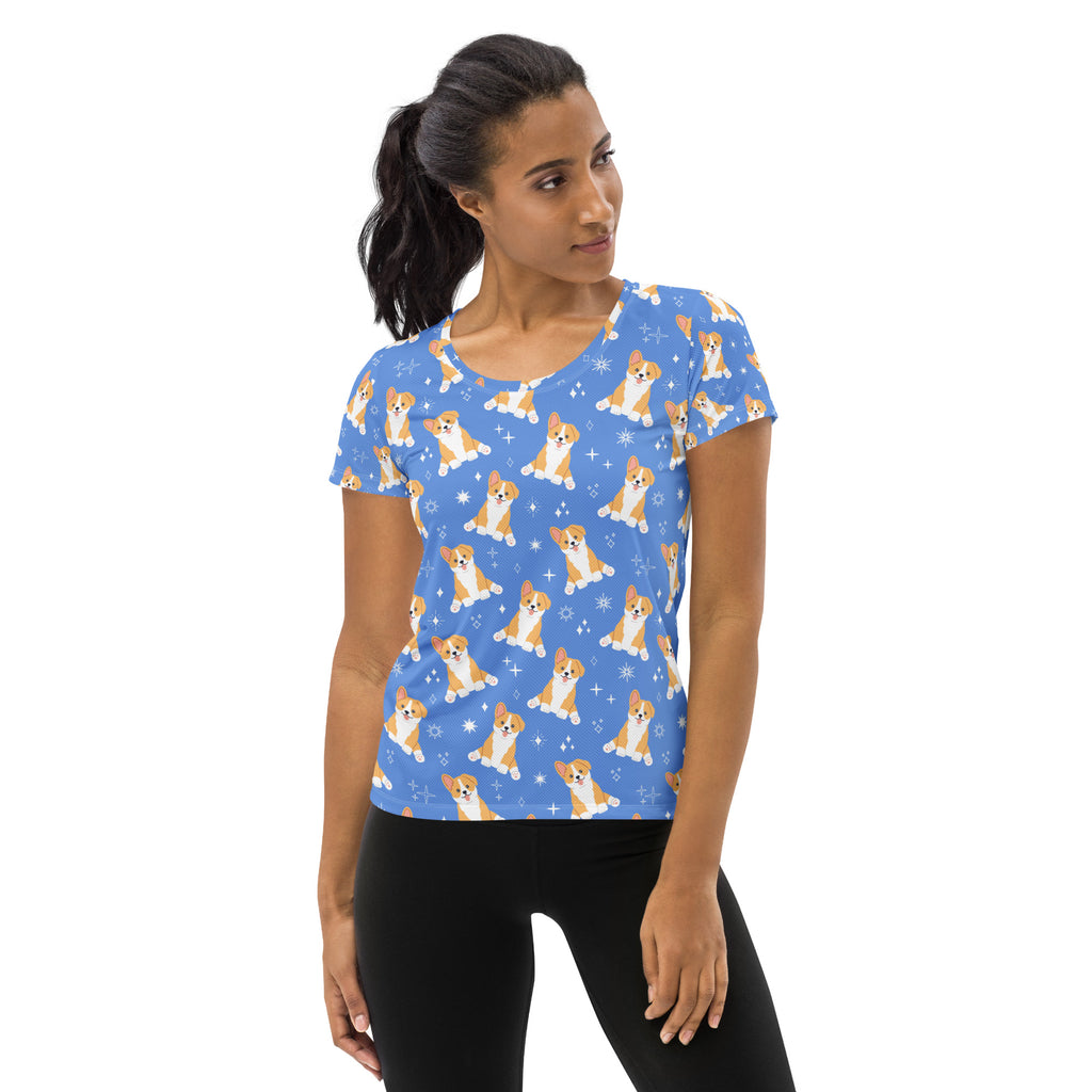 Women’s blue short-sleeved corgi dog performance athletic t-shirt with snowflake pattern lightweight moisture wicking upf 50+