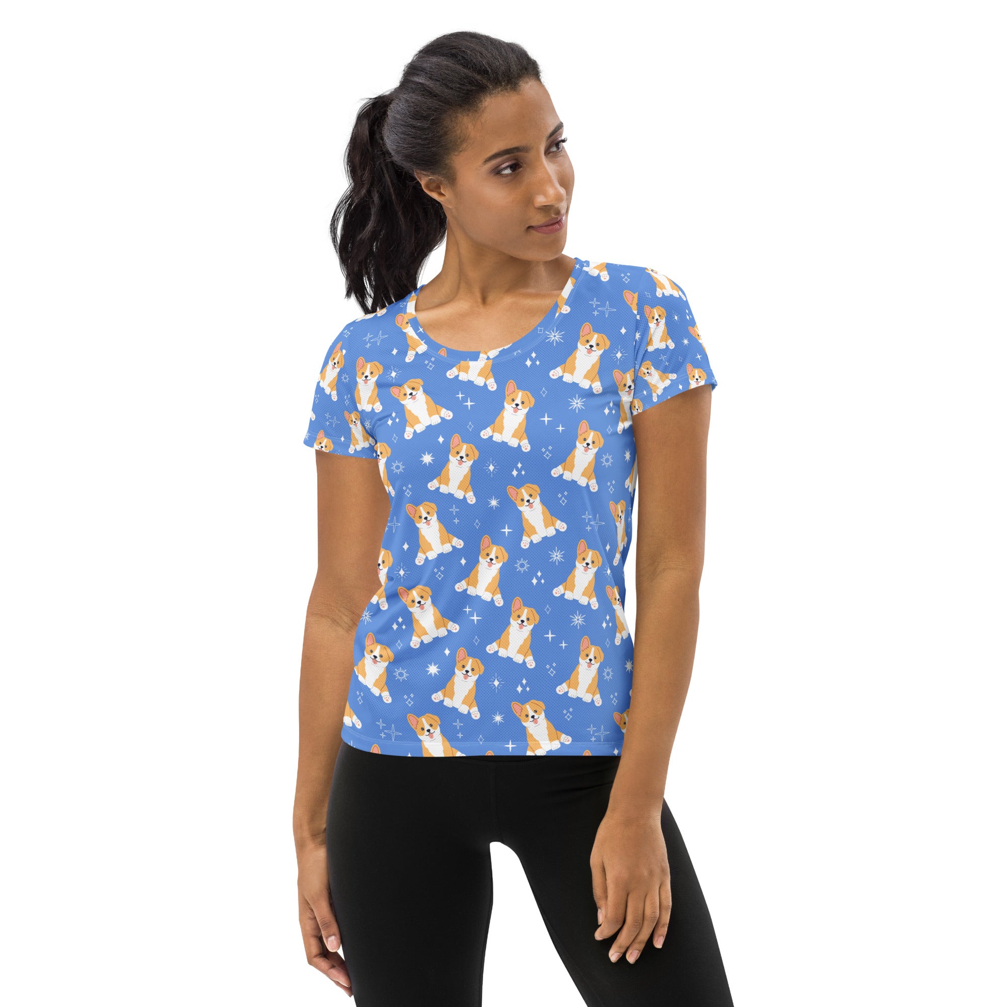 Women’s blue short-sleeved corgi dog performance athletic t-shirt with snowflake pattern lightweight moisture wicking upf 50+