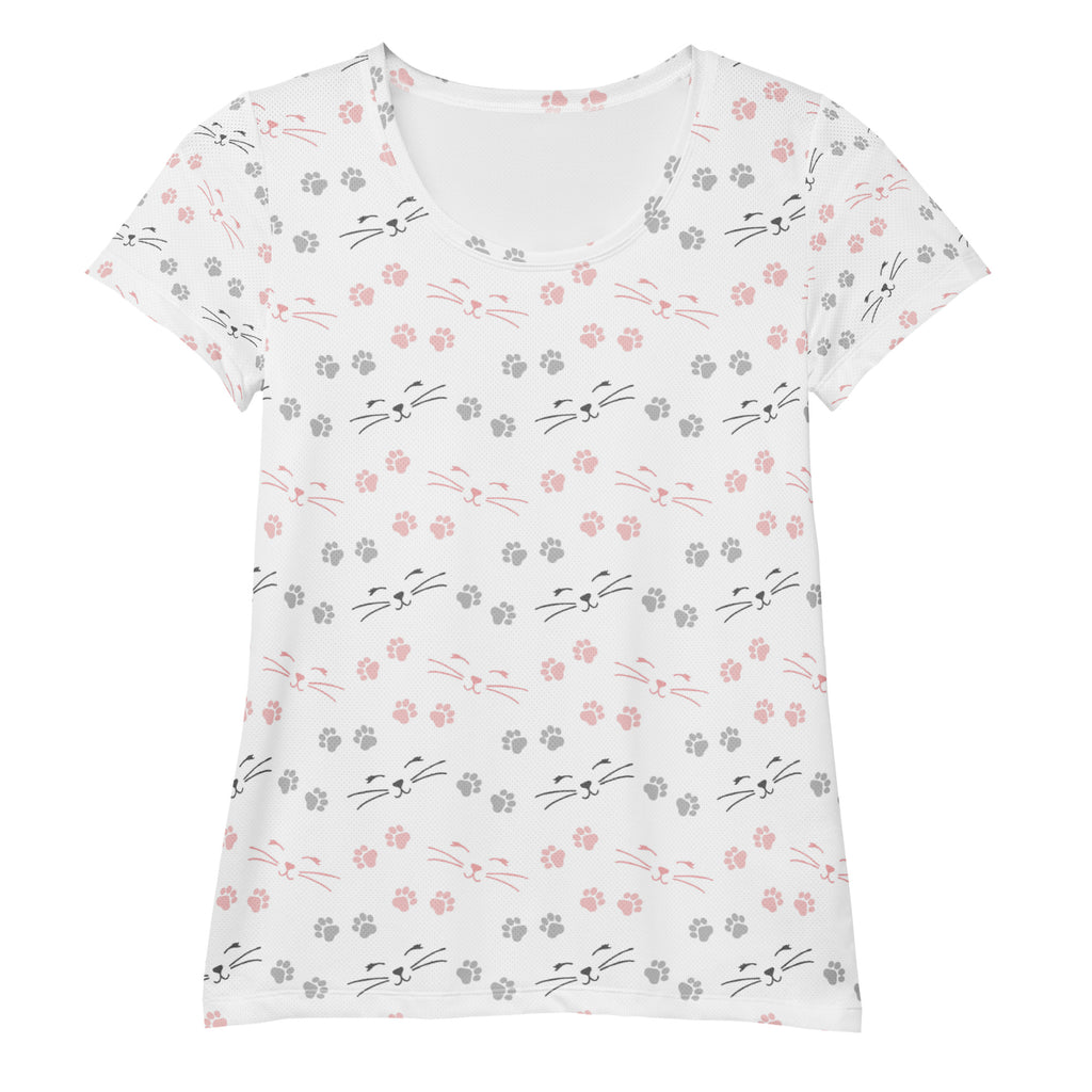 White short-sleeved women’s cat paw print performance t-shirt with pink and gray cat faces and moisture wicking fabric