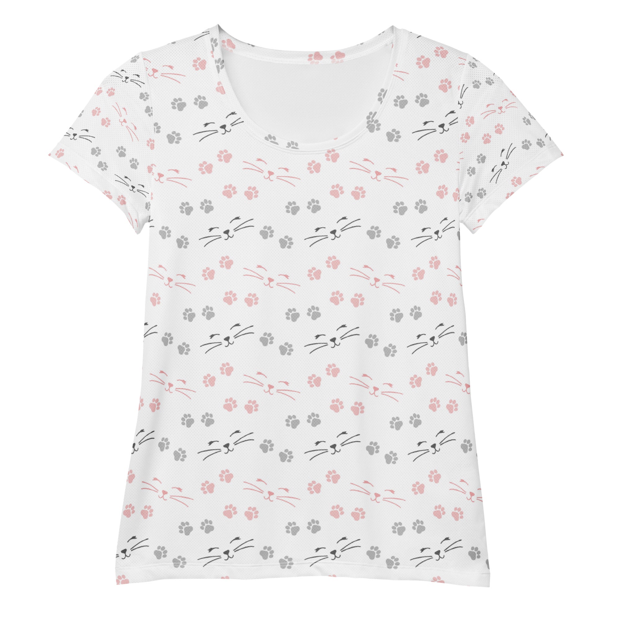 White short-sleeved women’s cat paw print performance t-shirt with pink and gray cat faces and moisture wicking fabric