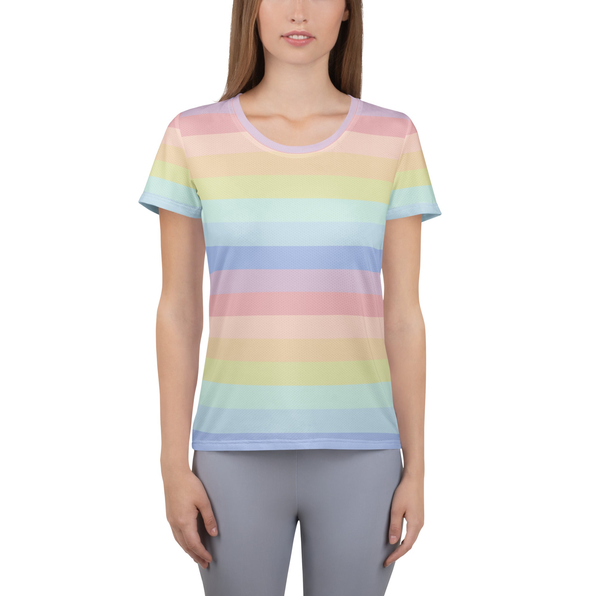 Women’s lightweight pastel rainbow striped short-sleeve t-shirt with moisture wicking fabric and upf 50+ for workouts