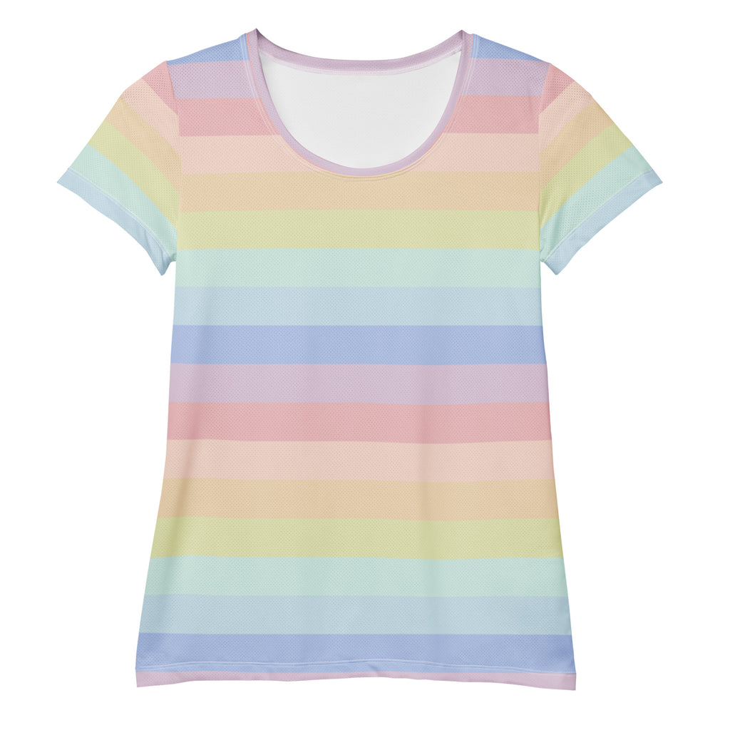 Women’s lightweight moisture wicking pastel rainbow striped athletic t-shirt with upf 50 plus for workouts