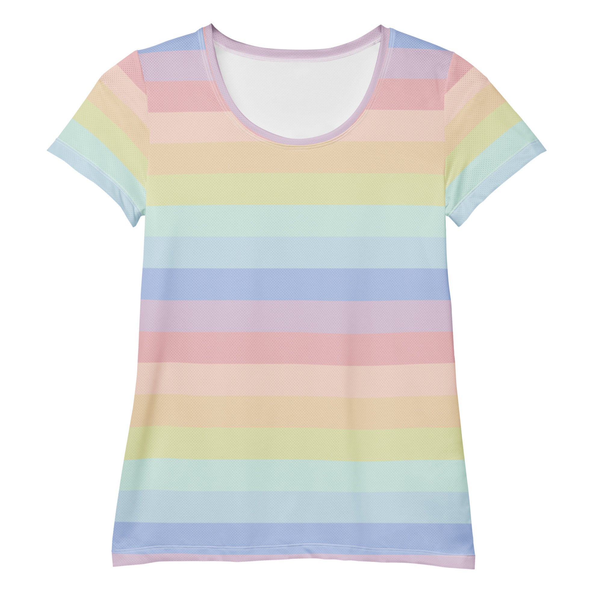 Women’s lightweight moisture wicking pastel rainbow striped athletic t-shirt with upf 50 plus for workouts