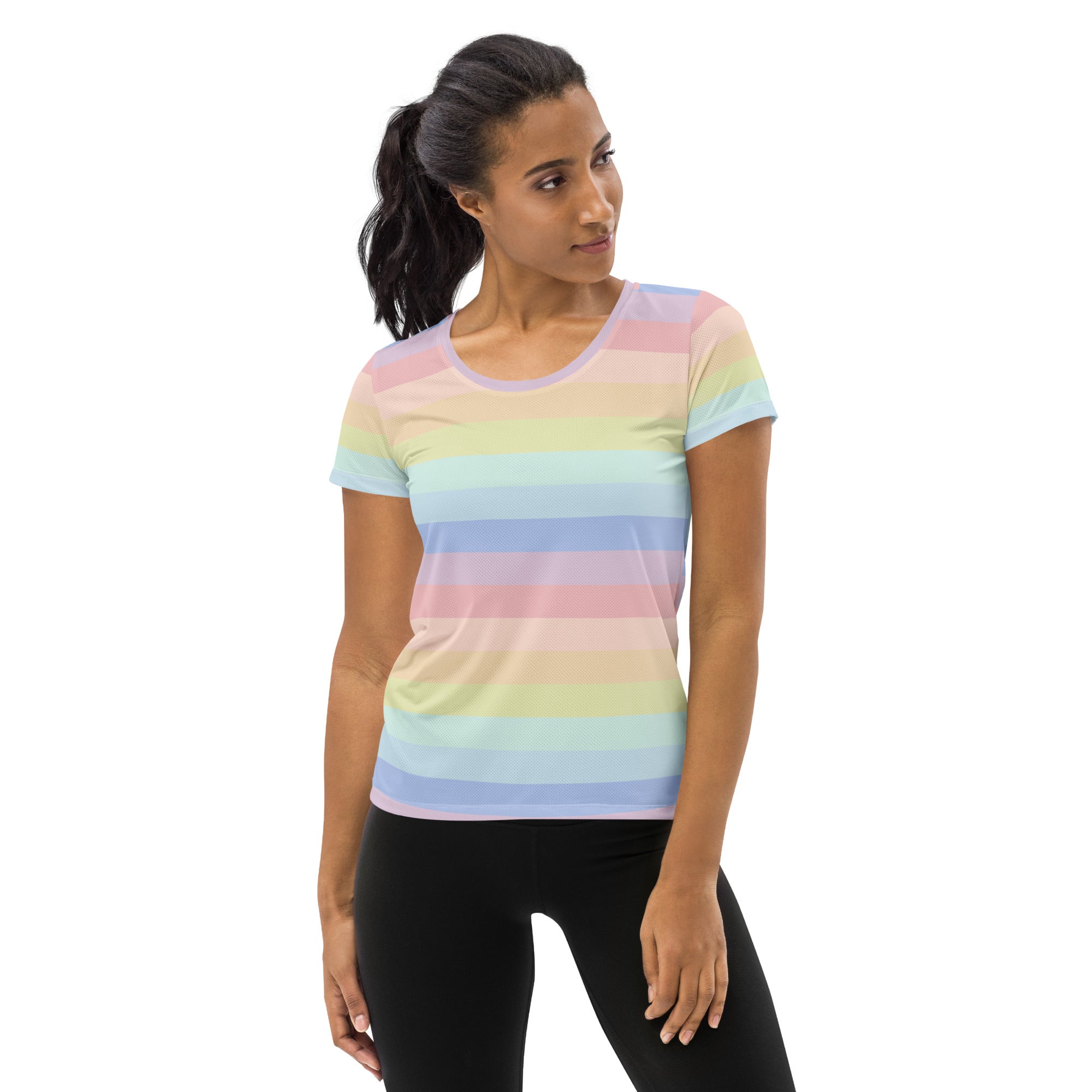 Women’s pastel rainbow striped short-sleeve athletic t-shirt lightweight moisture wicking with upf 50+ for workouts