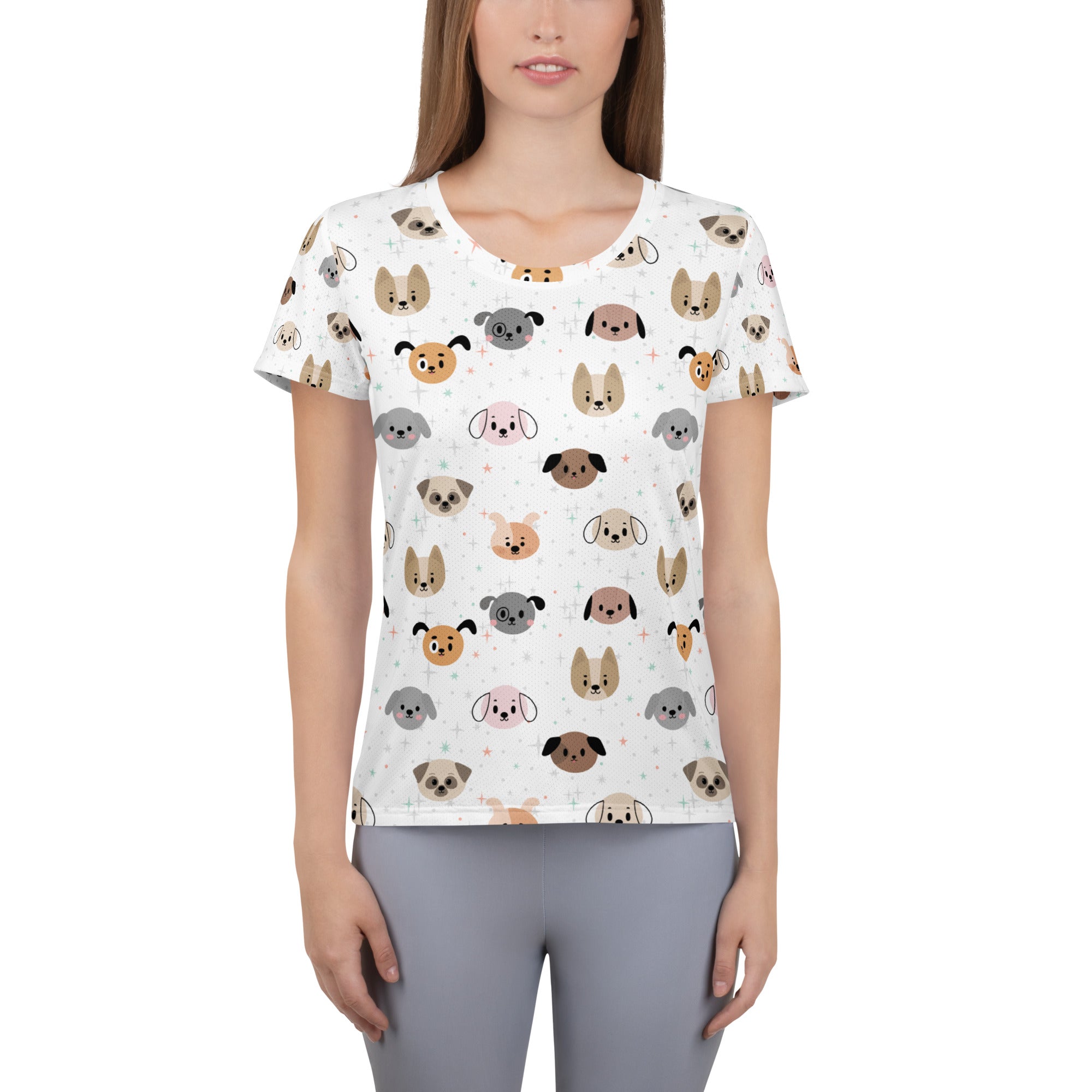 White women’s dog face performance athletic t-shirt with short sleeves lightweight moisture wicking and UPF 50+ protection