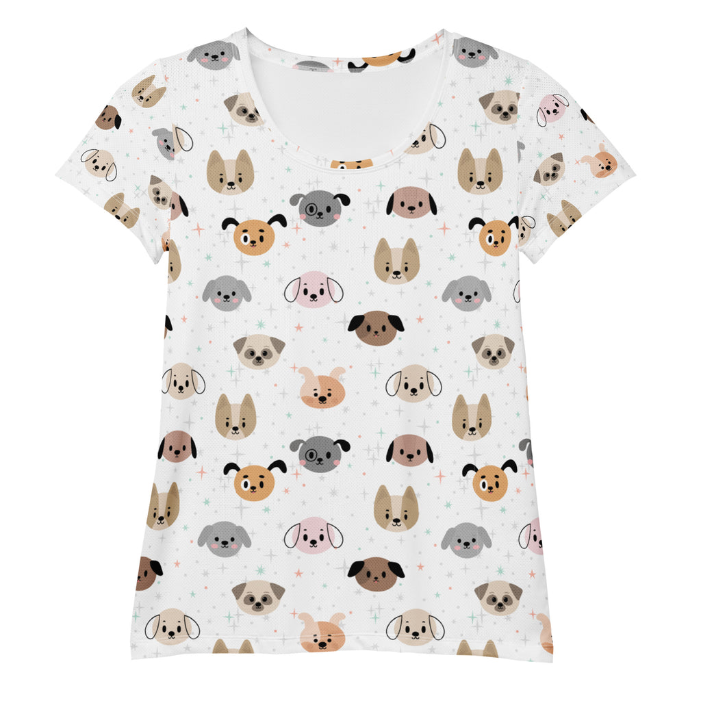 Women’s white short-sleeved dog face performance athletic t-shirt with playful cartoon pattern and UPF 50+ protection