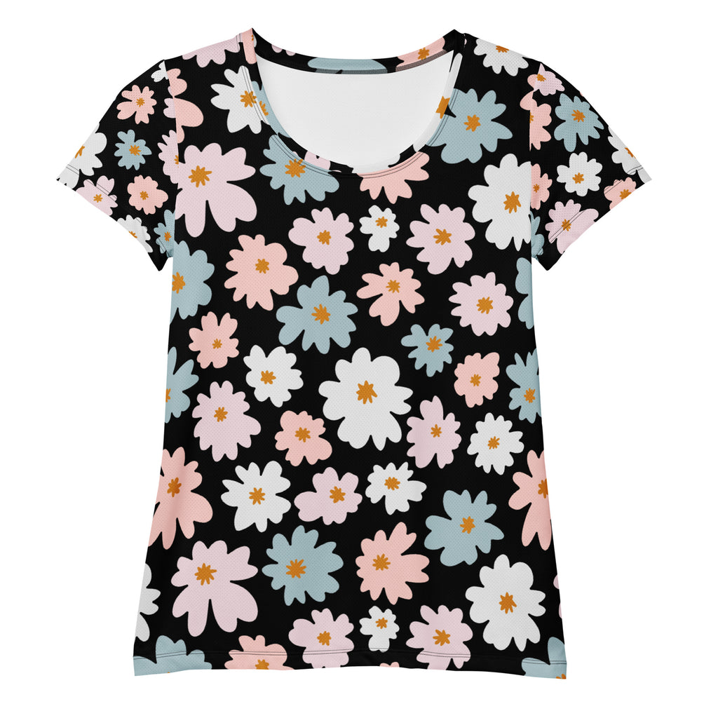 Women’s black retro floral performance athletic t-shirt with vibrant pink white blue flowers and lightweight moisture wicking fabric