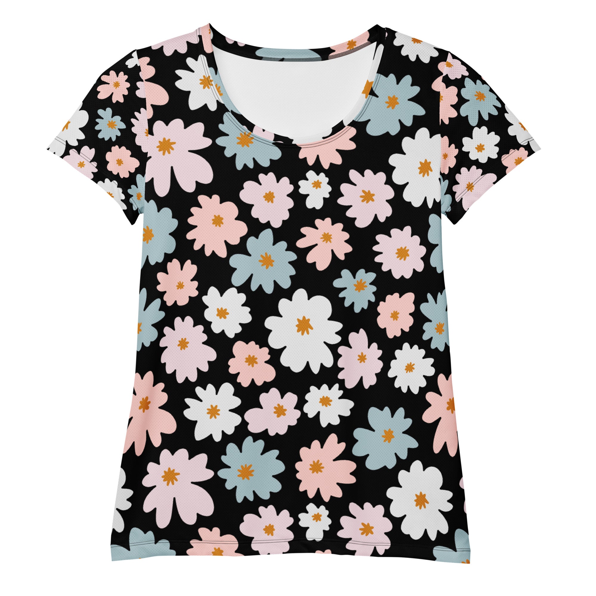 Women’s black retro floral performance athletic t-shirt with vibrant pink white blue flowers and lightweight moisture wicking fabric