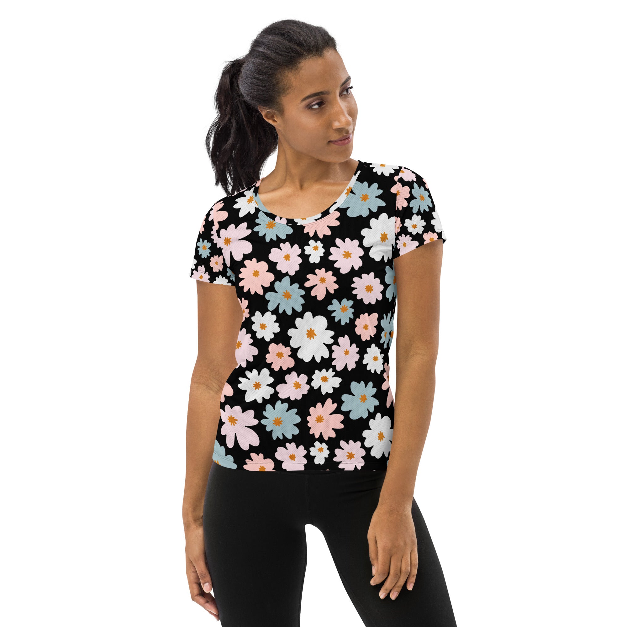 Black women’s retro floral performance athletic t-shirt with pink white blue daisies lightweight moisture wicking top
