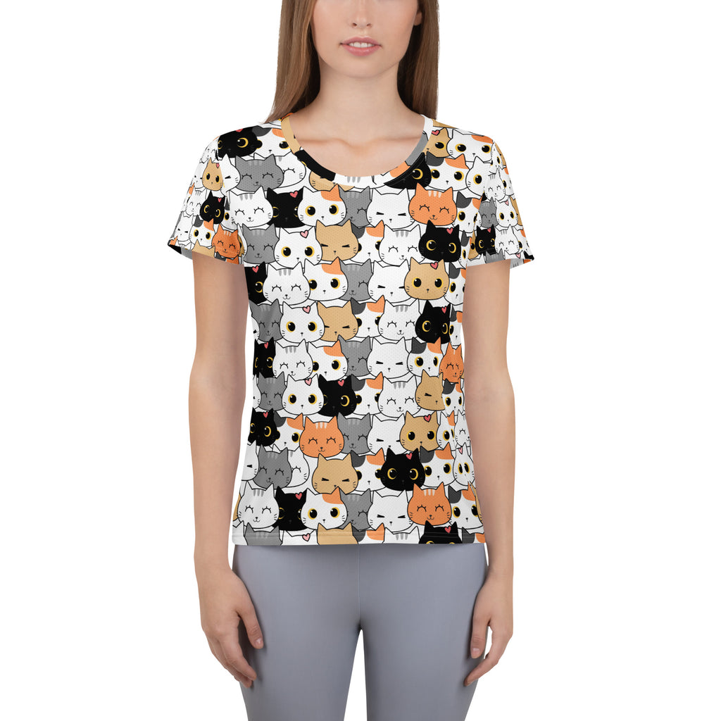 Women’s white short-sleeved cat face performance athletic t-shirt with playful cartoon cats and moisture wicking fabric