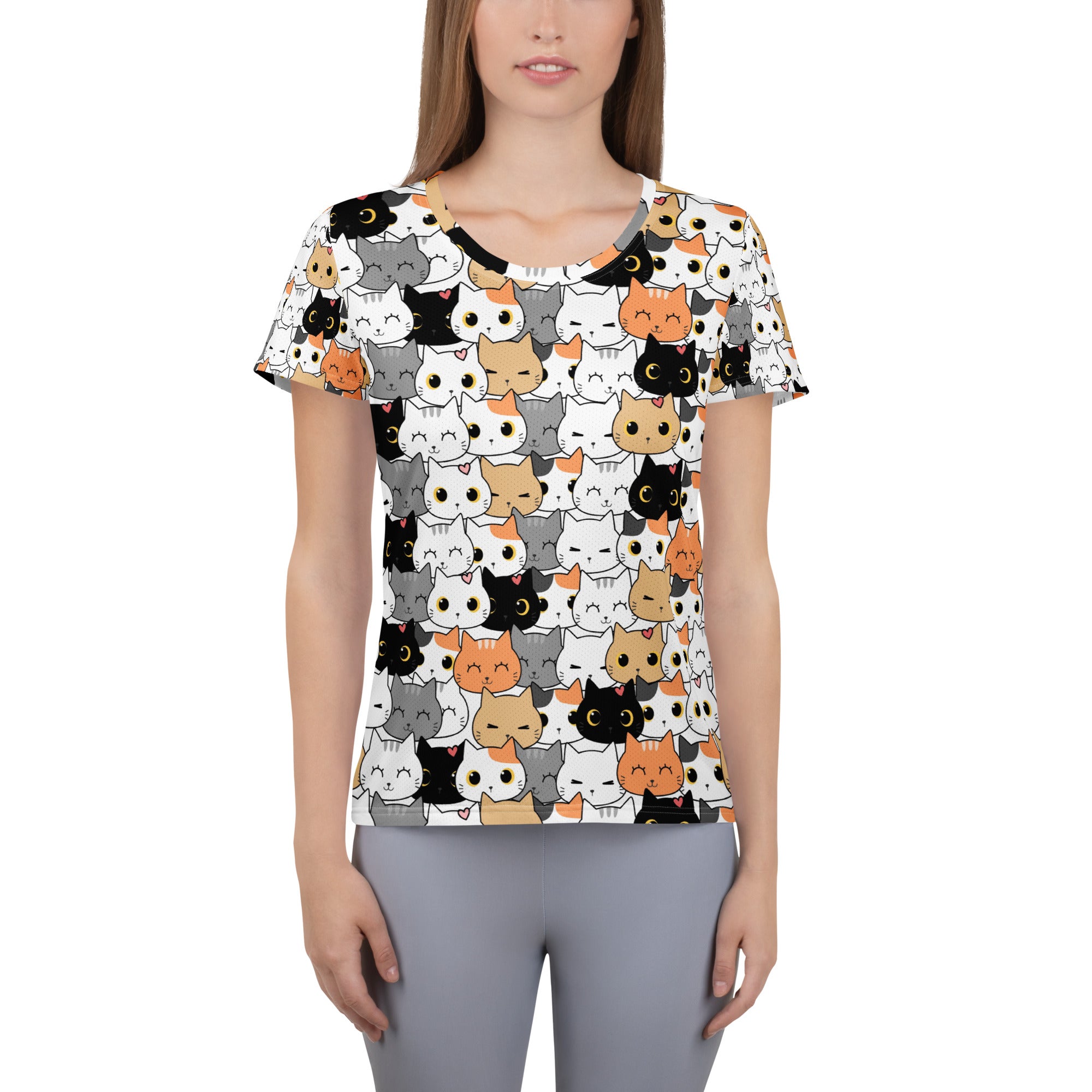 Women’s white short-sleeved cat face performance athletic t-shirt with playful cartoon cats and moisture wicking fabric