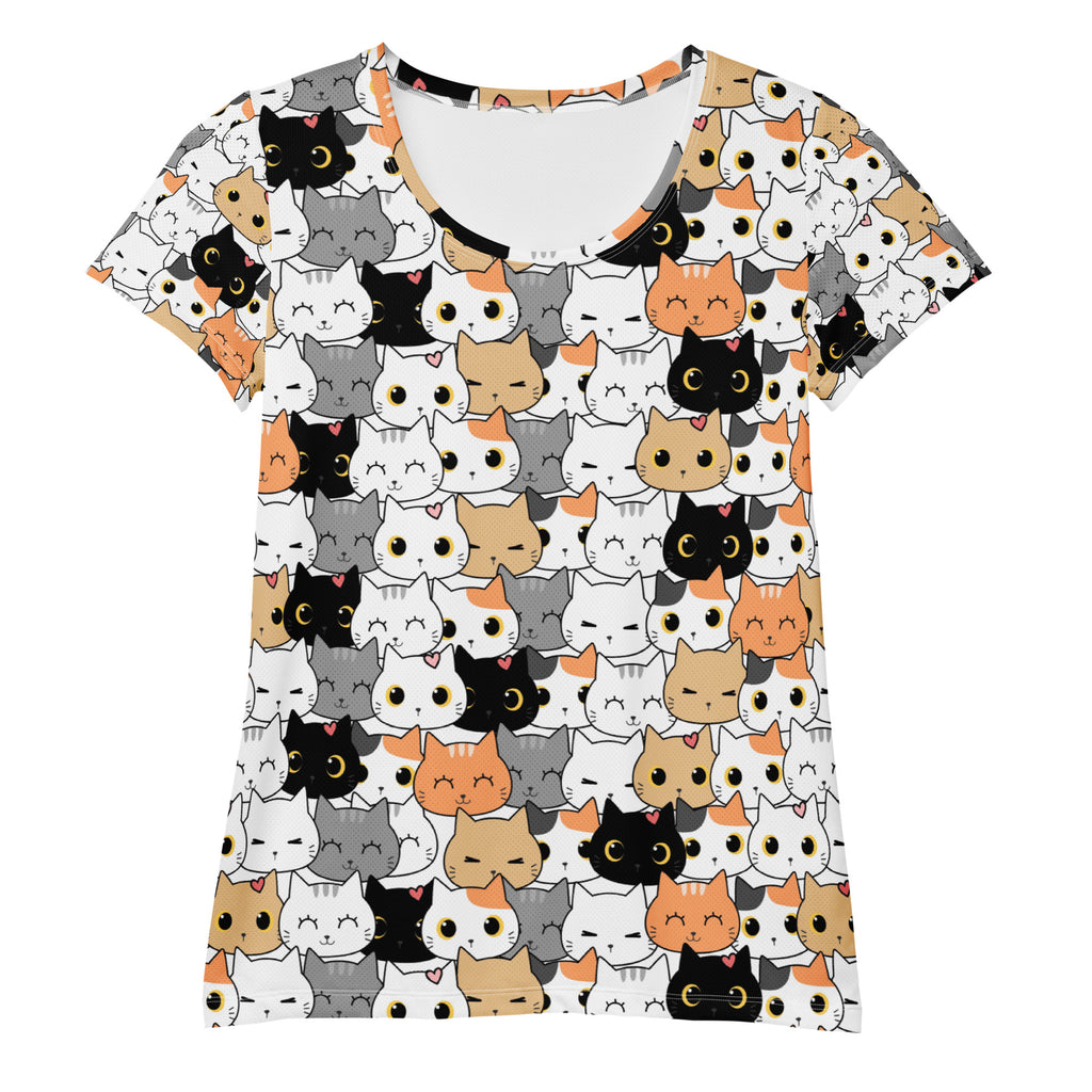 White short-sleeved women’s cat face performance athletic t-shirt with playful cat print and moisture wicking fabric