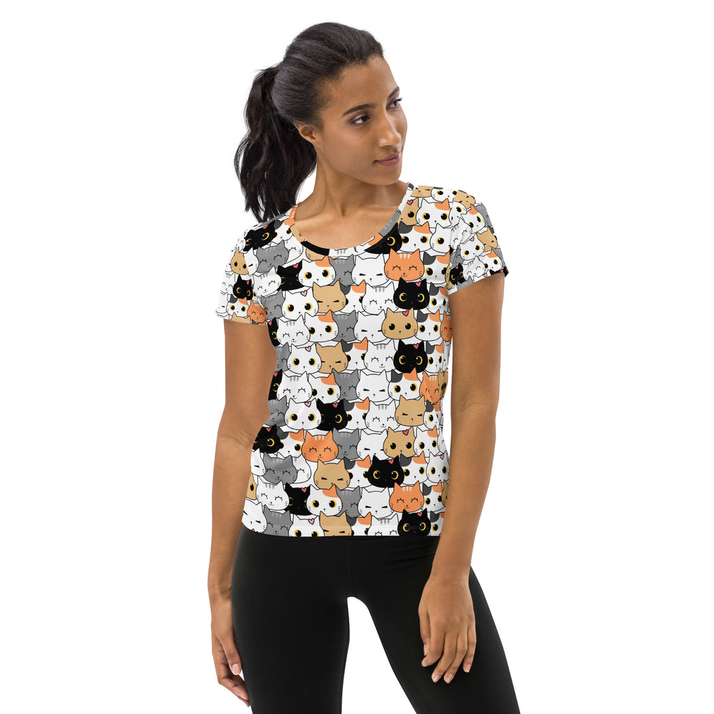 Women’s white short-sleeved cat face performance athletic t-shirt with colorful cartoon cats and moisture-wicking fabric