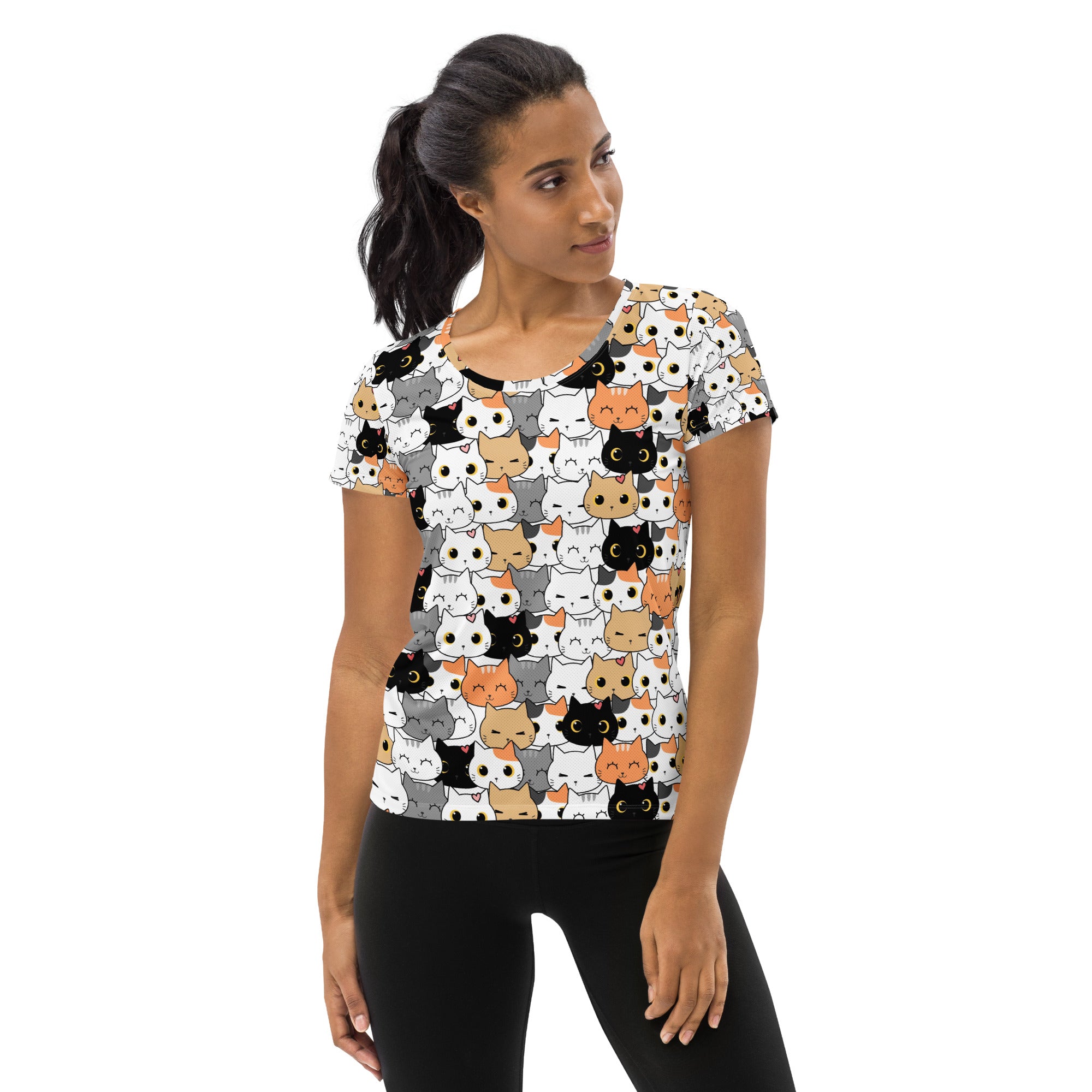 Women’s white short-sleeved cat face performance athletic t-shirt with colorful cartoon cats and moisture-wicking fabric