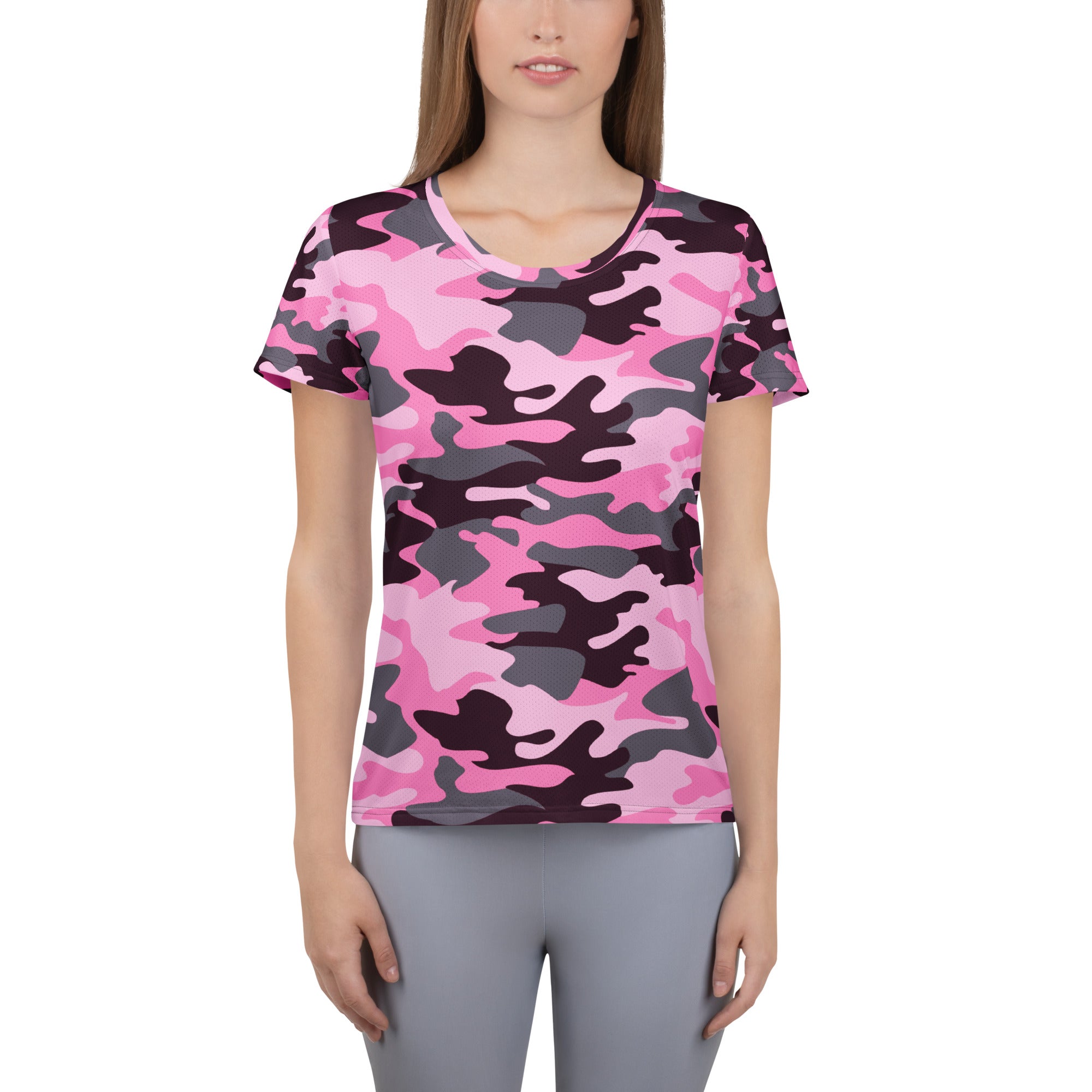 Women’s pink and gray camouflage performance athletic t-shirt with short sleeves lightweight moisture wicking upf 50+
