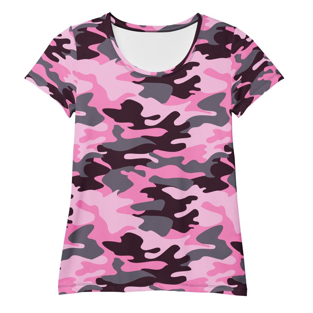 Women’s pink and gray camouflage performance athletic t-shirt with scoop neckline lightweight moisture wicking design