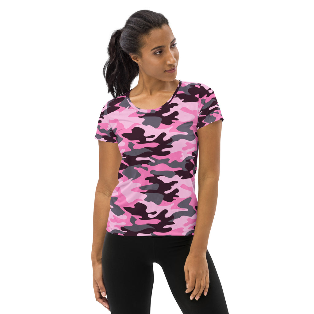 Women’s pink and gray camouflage performance athletic t-shirt with moisture wicking fabric and upf 50 plus protection