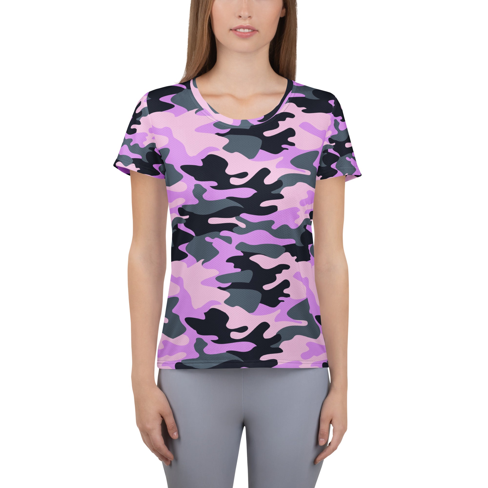 Women’s short-sleeved purple camouflage performance athletic t-shirt with lightweight moisture wicking fabric and upf 50+