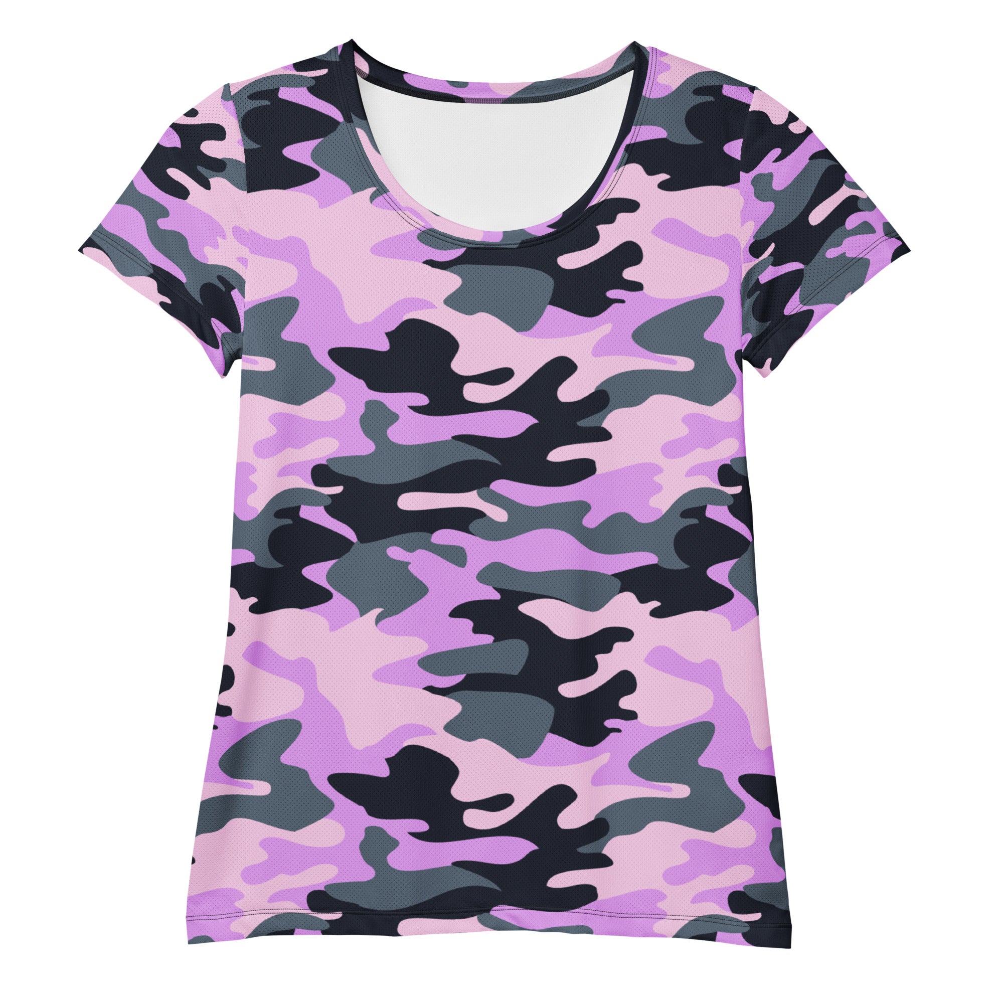 Women’s short-sleeved lightweight moisture wicking purple pink black gray camouflage performance athletic t-shirt with UPF 50+