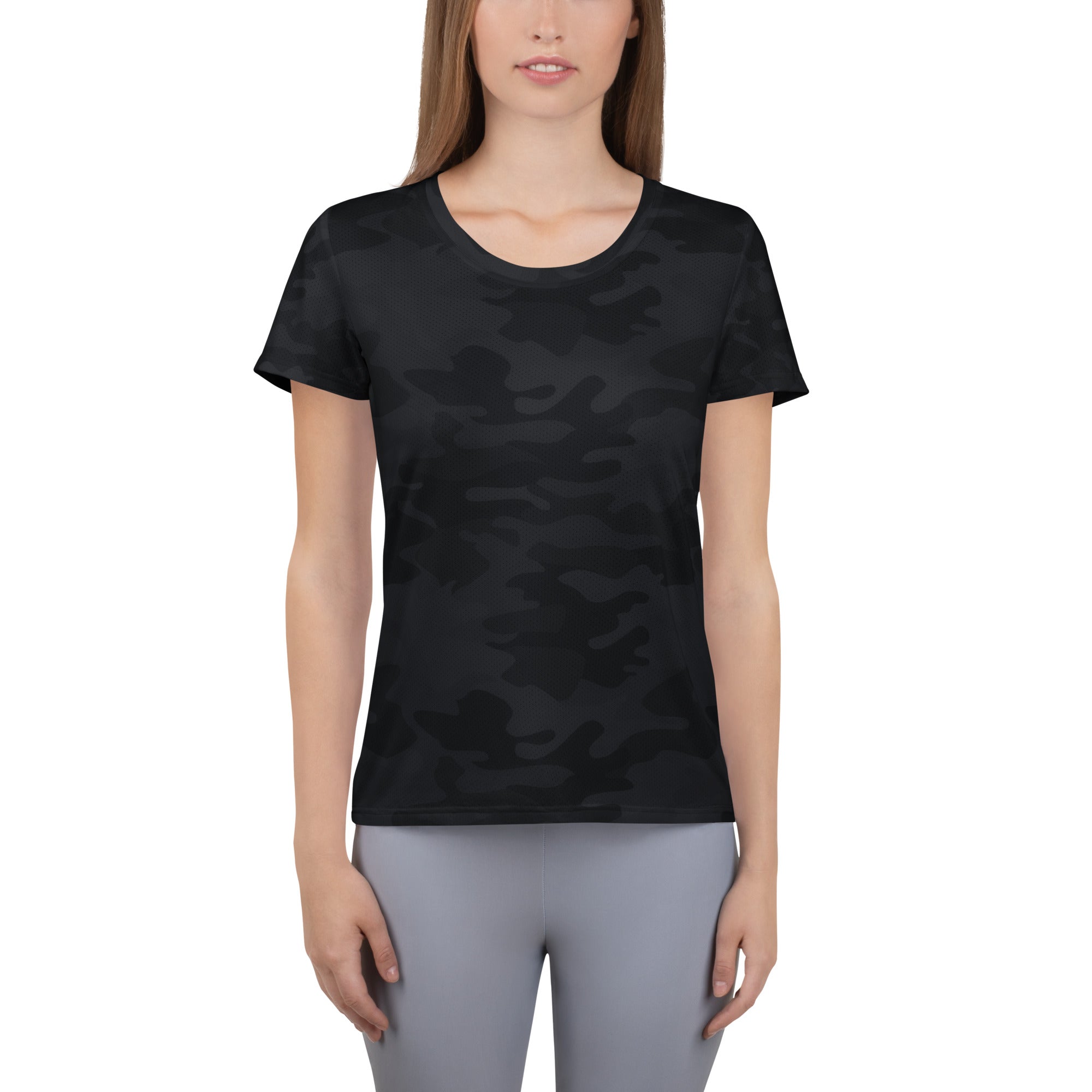 Women’s black camouflage short-sleeved performance athletic t-shirt with rounded neckline and moisture wicking fabric