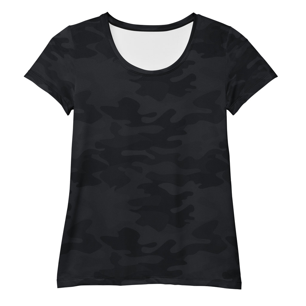 Women’s black camouflage performance athletic t-shirt with scoop neckline lightweight moisture wicking workout top