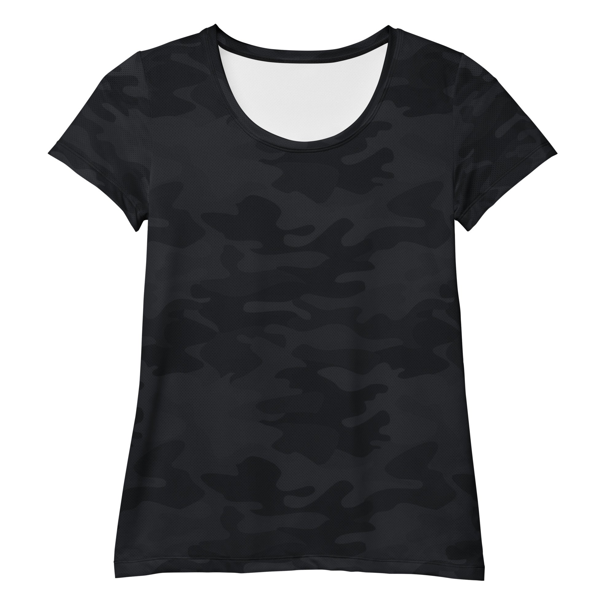Women’s black camouflage performance athletic t-shirt with scoop neckline lightweight moisture wicking workout top