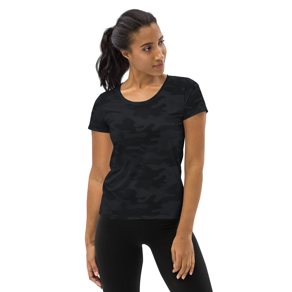 Women’s black camouflage performance athletic t-shirt with short sleeves lightweight moisture wicking upf 50+