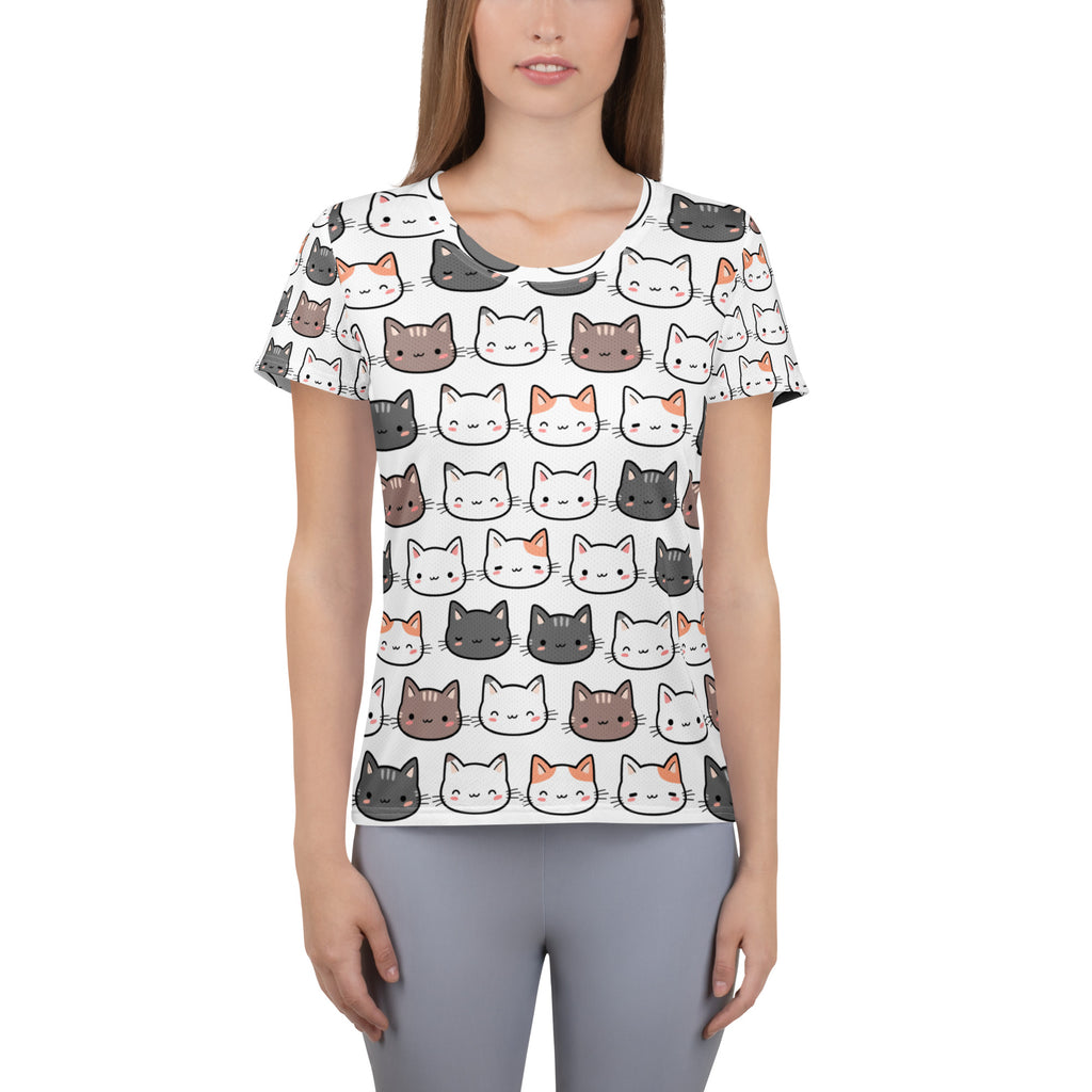 White short-sleeved women’s performance t-shirt with colorful cartoon cat pattern lightweight moisture wicking top