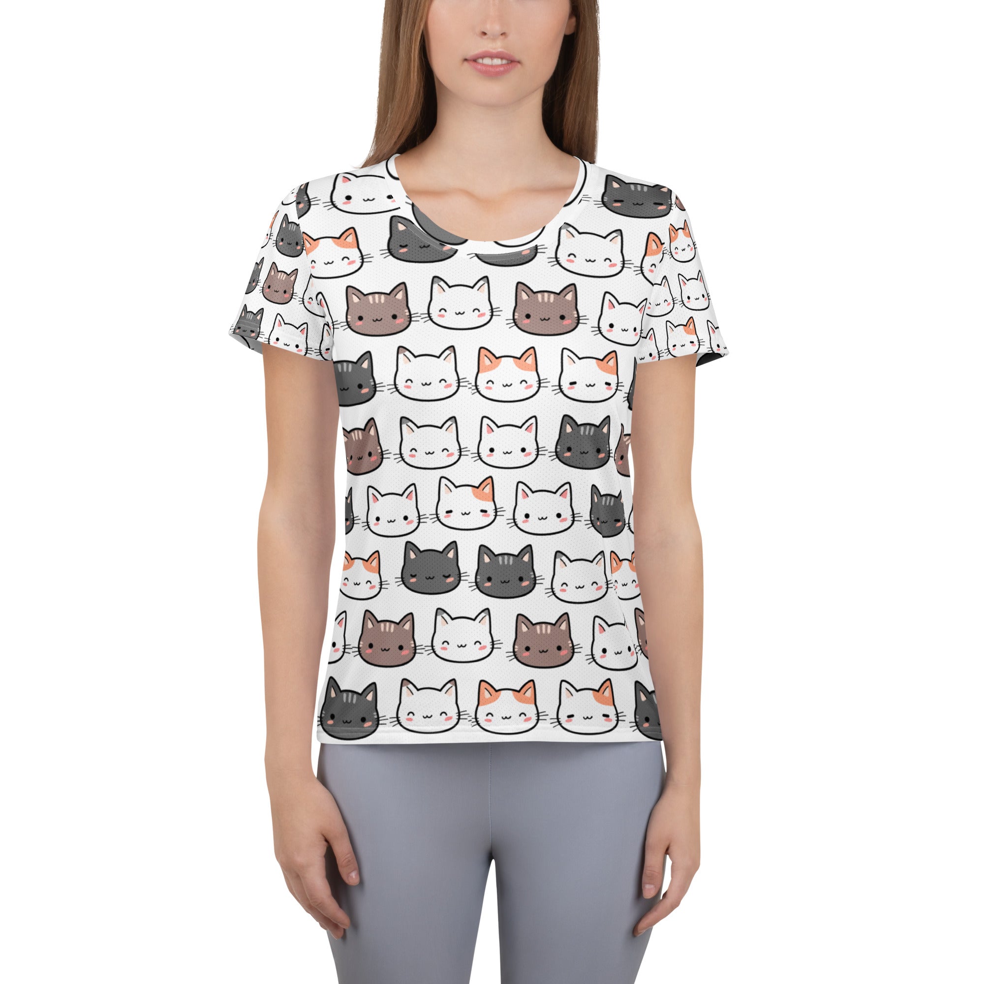 White short-sleeved women’s performance t-shirt with colorful cartoon cat pattern lightweight moisture wicking top