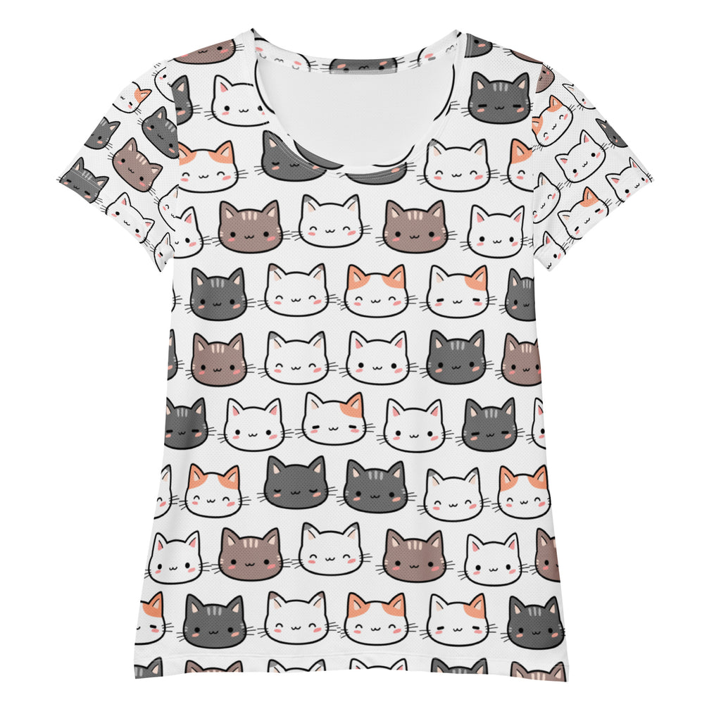 White short-sleeved women’s athletic t-shirt with colorful cartoon cat face print lightweight moisture wicking upf 50+