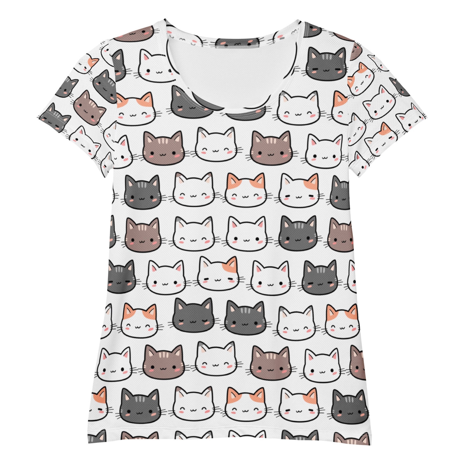 White short-sleeved women’s athletic t-shirt with colorful cartoon cat face print lightweight moisture wicking upf 50+
