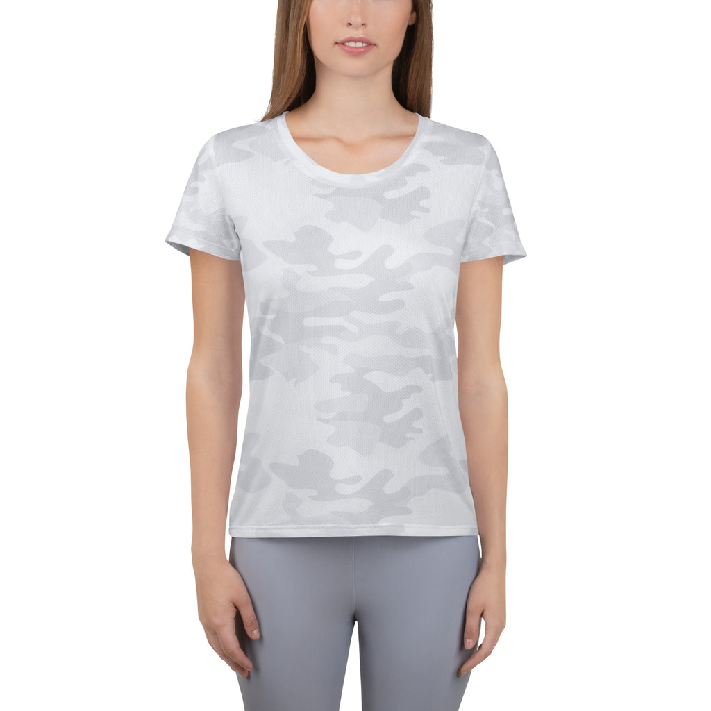 Women’s white camouflage short-sleeved performance athletic t-shirt with lightweight moisture wicking fabric and upf 50+ protection