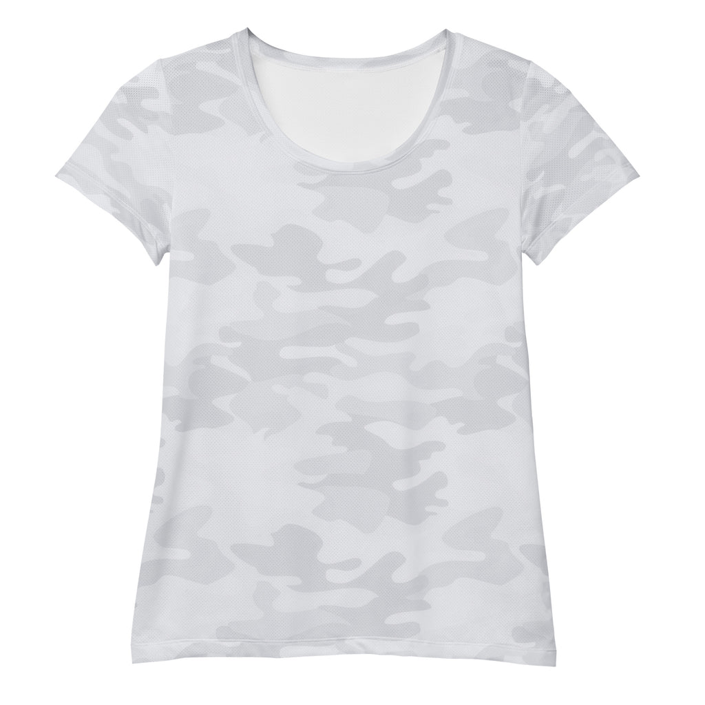 A soft white women’s performance t-shirt with subtle gray camouflage pattern, lightweight and moisture wicking with UPF 50+ protection