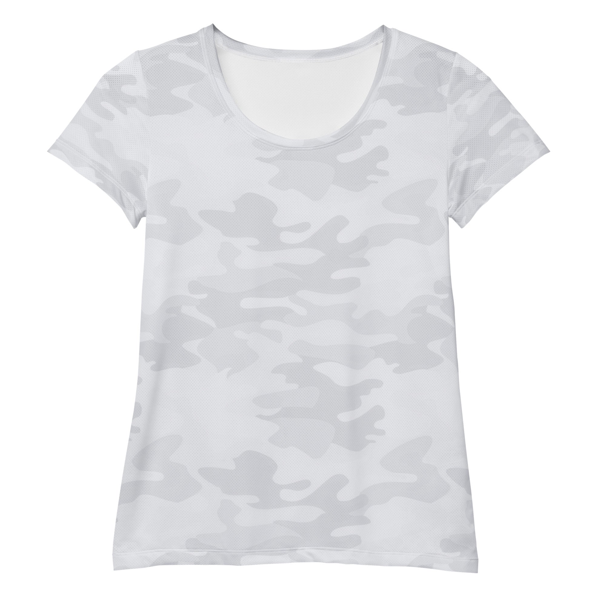 A soft white women’s performance t-shirt with subtle gray camouflage pattern, lightweight and moisture wicking with UPF 50+ protection