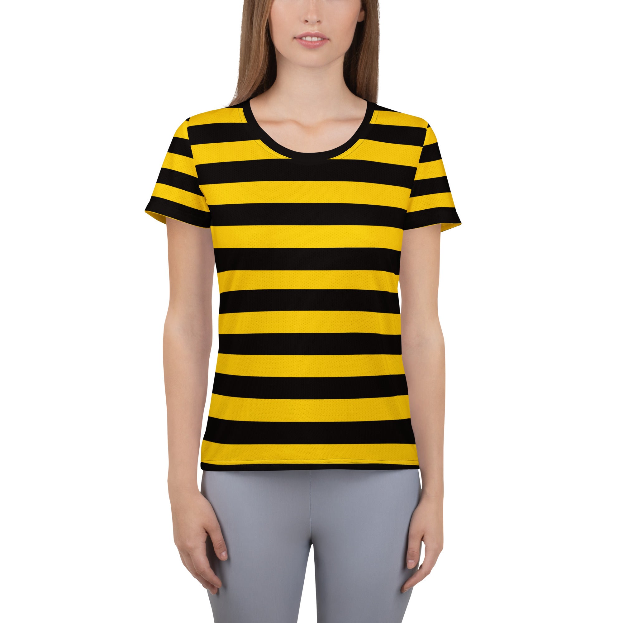 Women’s lightweight moisture wicking yellow and black striped athletic t-shirt with rounded neckline and upf 50+