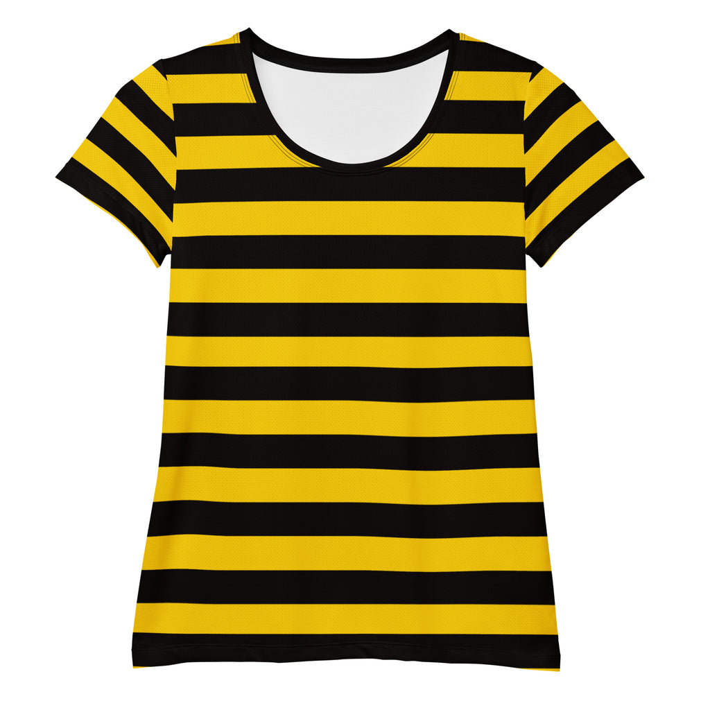 Women’s bumblebee stripe performance athletic t-shirt with bold black and yellow stripes lightweight moisture wicking