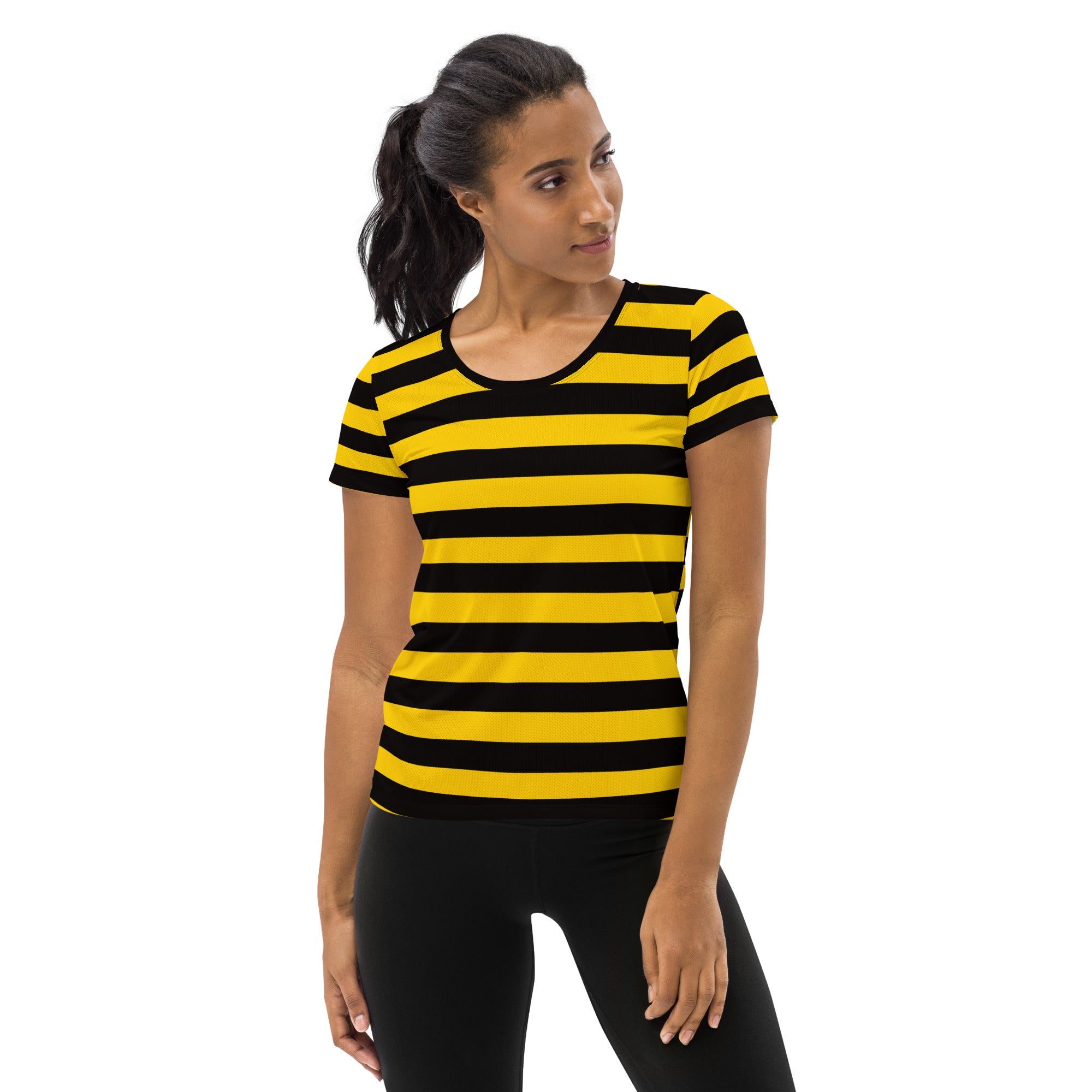 Yellow and black striped women’s bumblebee performance t-shirt with UPF 50 and moisture wicking fabric