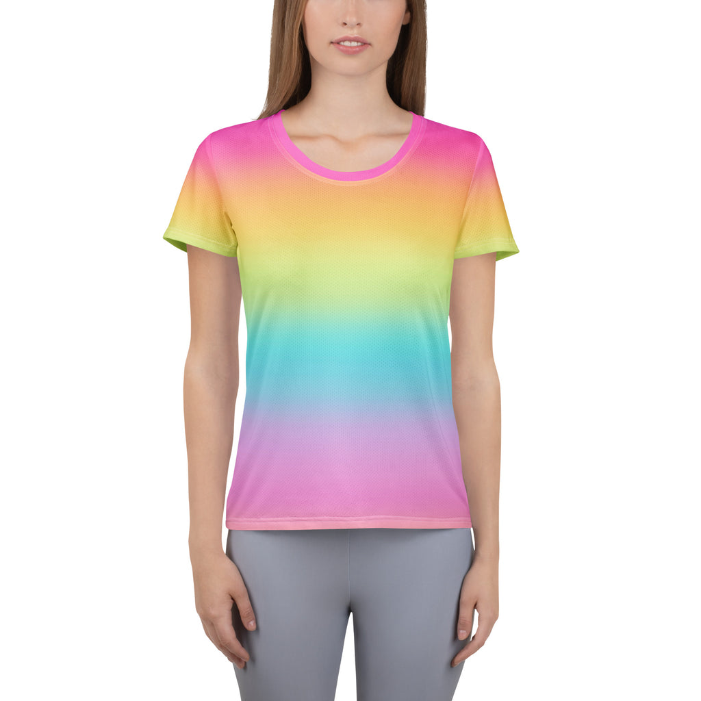 Women’s bright rainbow performance athletic t-shirt with soft smooth fabric rounded neckline and moisture wicking design