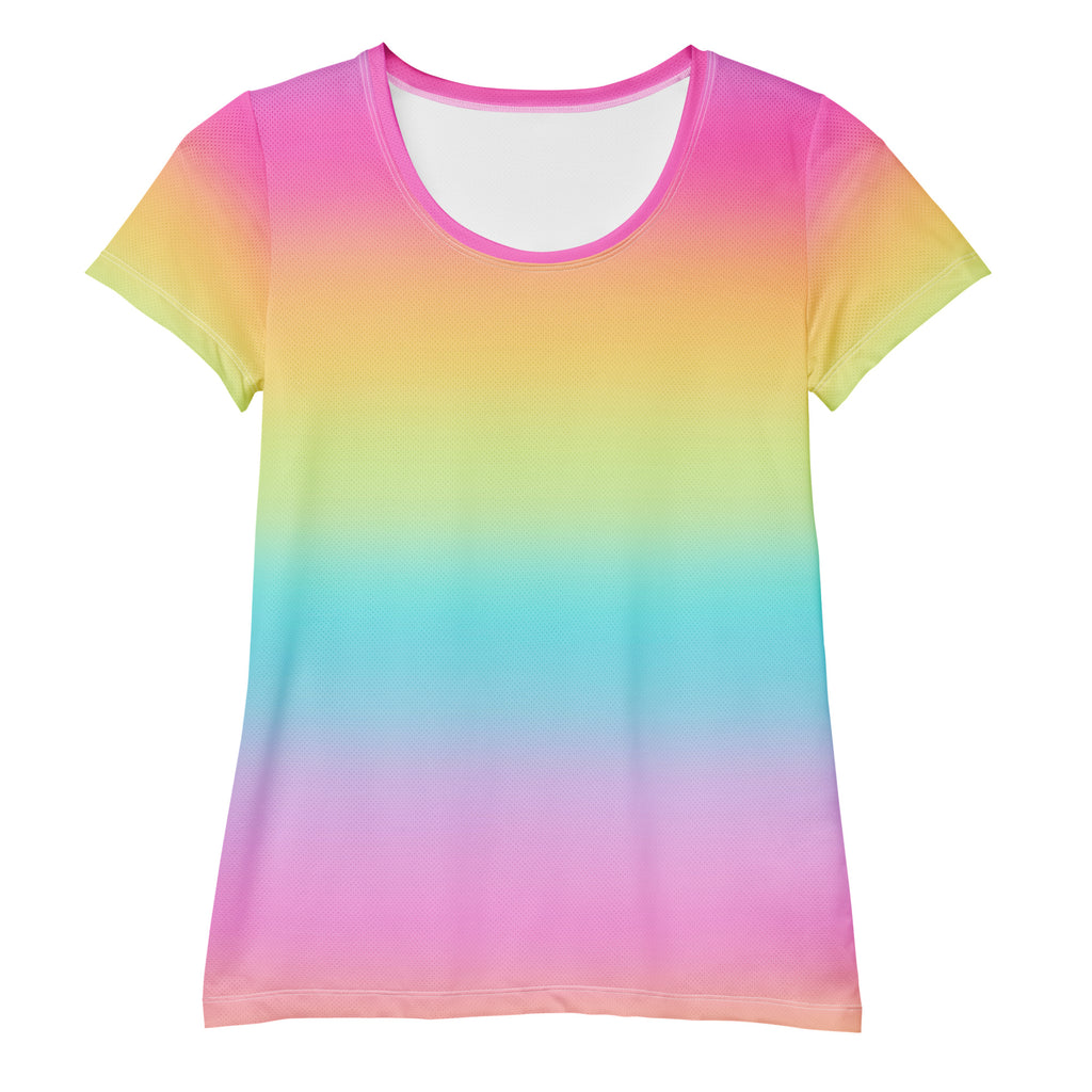 Women’s bright rainbow gradient short-sleeve t-shirt with soft smooth fabric rounded neckline lightweight moisture wicking