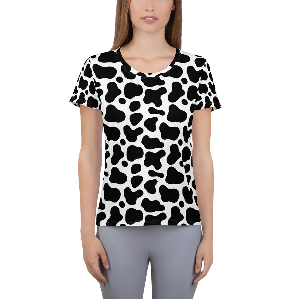 Women’s black and white cow print lightweight moisture wicking athletic t-shirt with short sleeves and rounded neckline