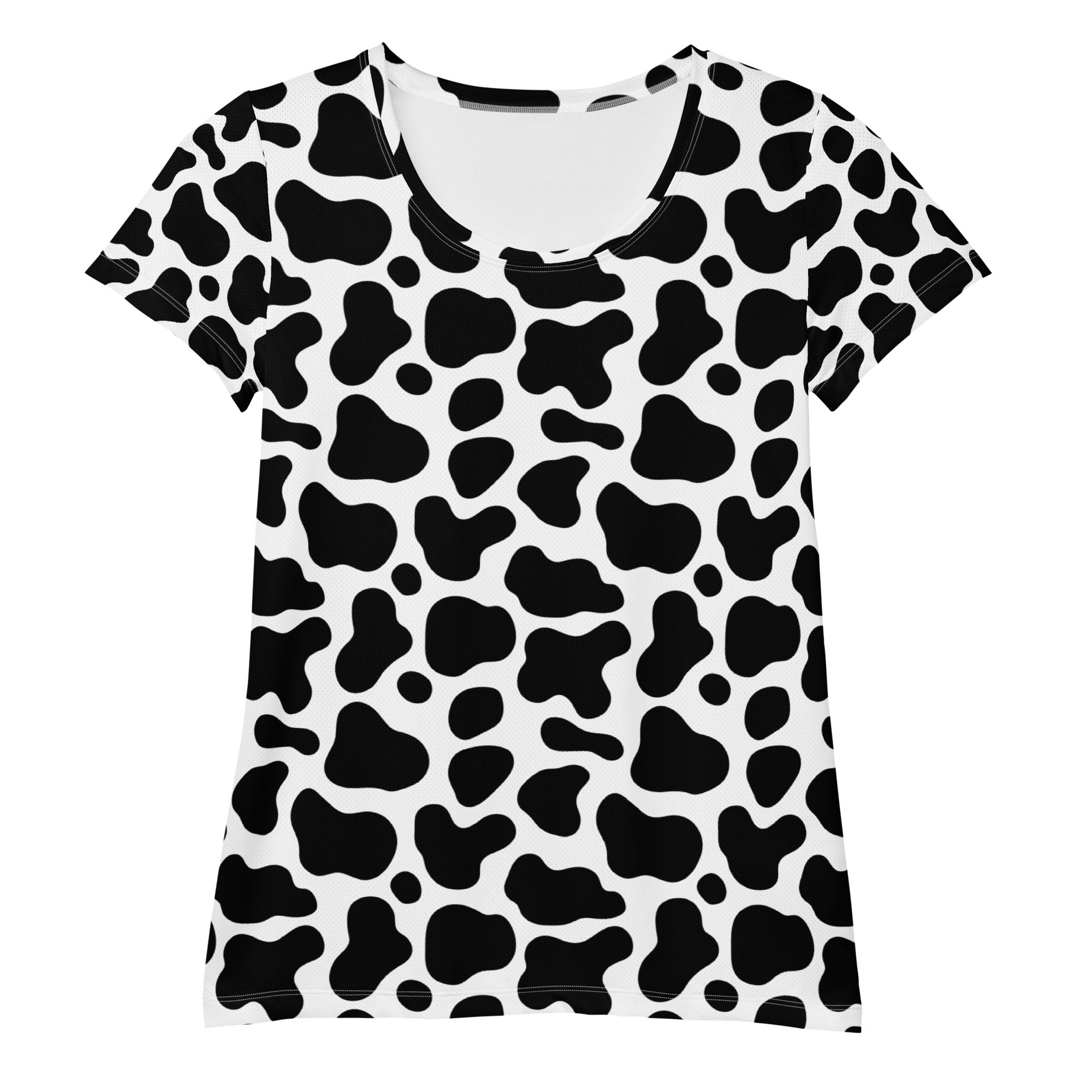 Women’s black and white cow print short-sleeved performance t-shirt with lightweight moisture wicking fabric and upf 50+ protection