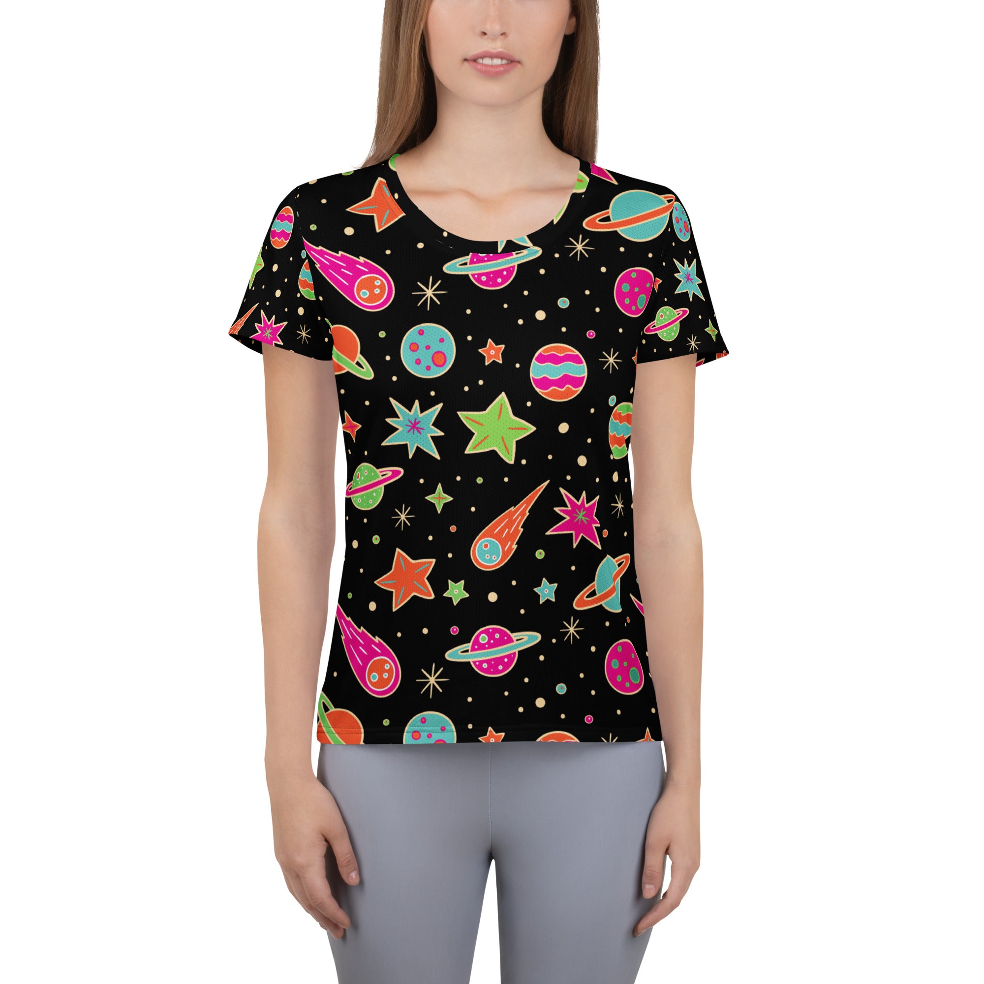 Black women’s retro galaxy performance t-shirt with vibrant space pattern, lightweight moisture wicking, UPF 50 plus