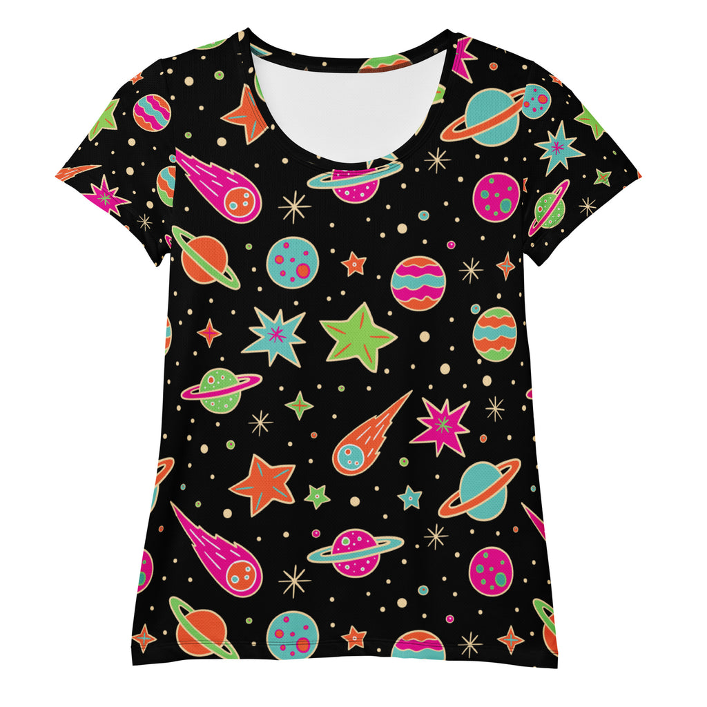 Black short-sleeved women’s retro galaxy performance t-shirt with vibrant space print, lightweight moisture wicking fabric