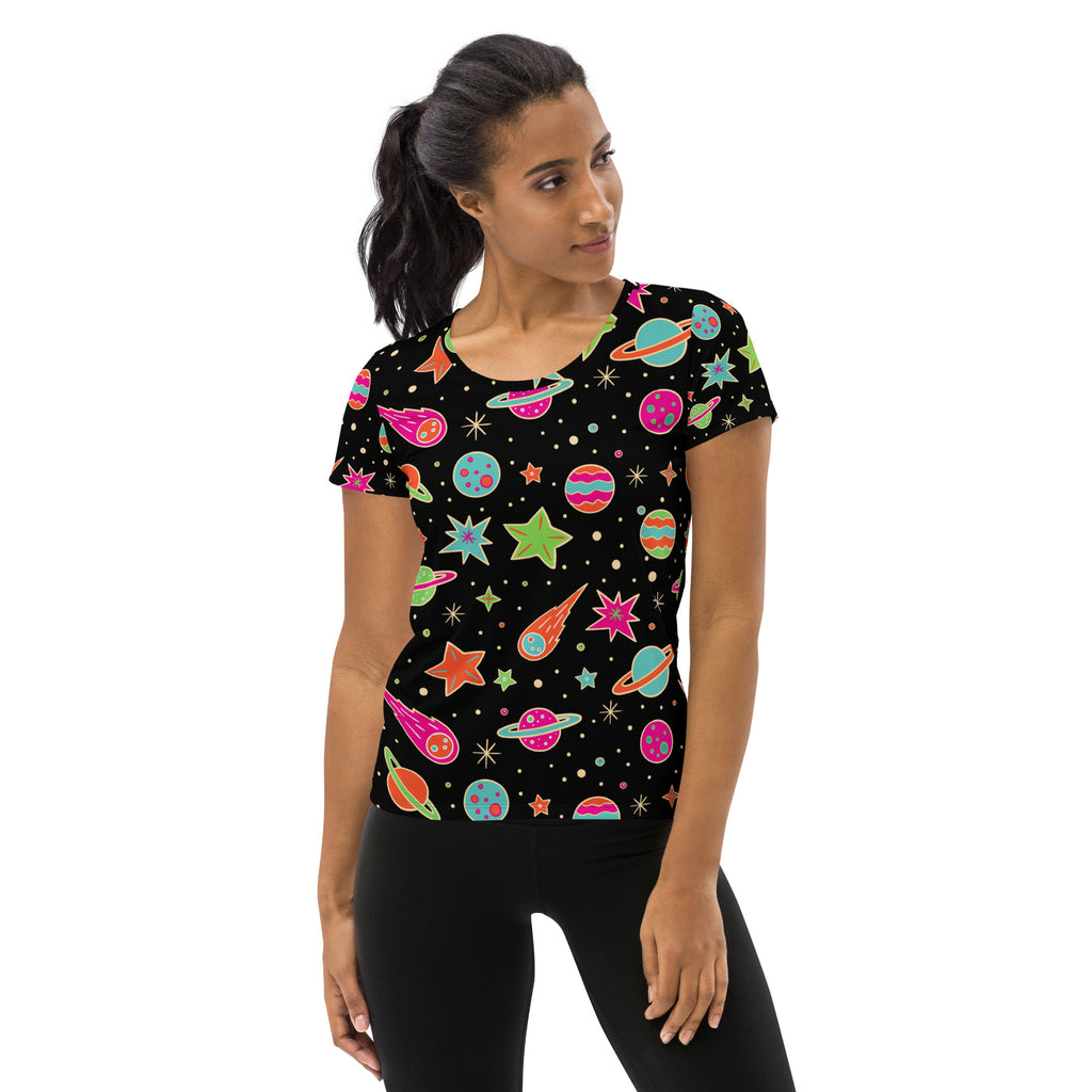 Black women’s retro galaxy performance athletic t-shirt with vibrant space-themed print and lightweight moisture wicking fabric