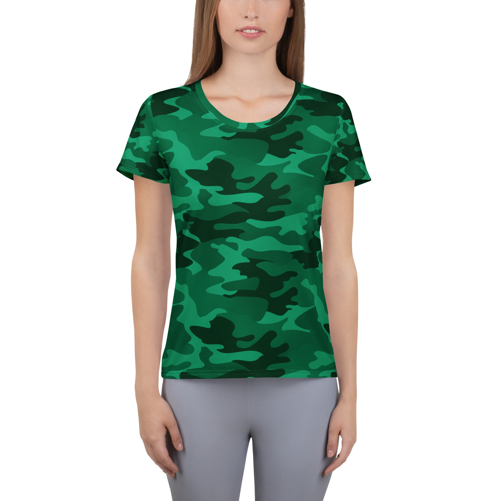 Women’s green camouflage short-sleeved performance athletic t-shirt lightweight moisture wicking with upf 50+