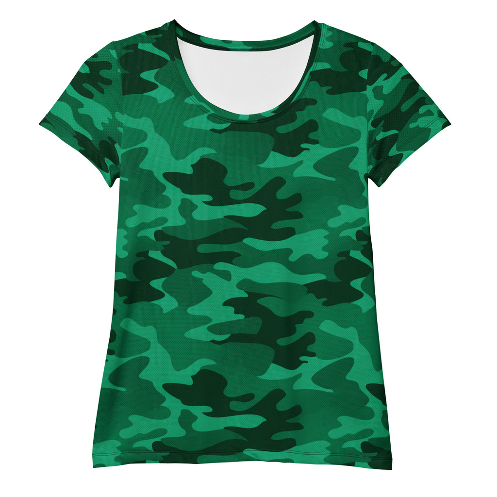 Women’s green camouflage short-sleeve performance t-shirt with scoop neckline lightweight moisture wicking fabric